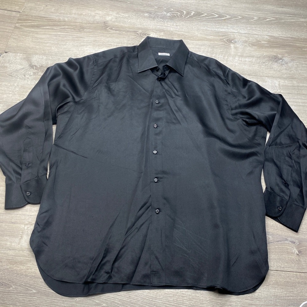 Zilli Mens Silk Button Down Shirt Size 45 17.75 Black Long Sleeve Italy Luxury